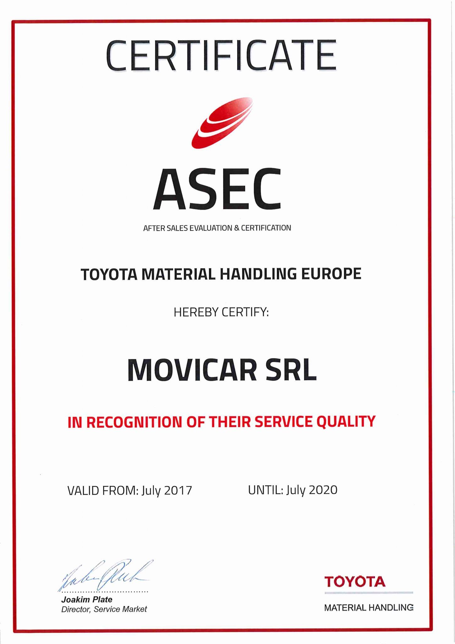 Movicar certificazione Asec Toyota per l'assistenza